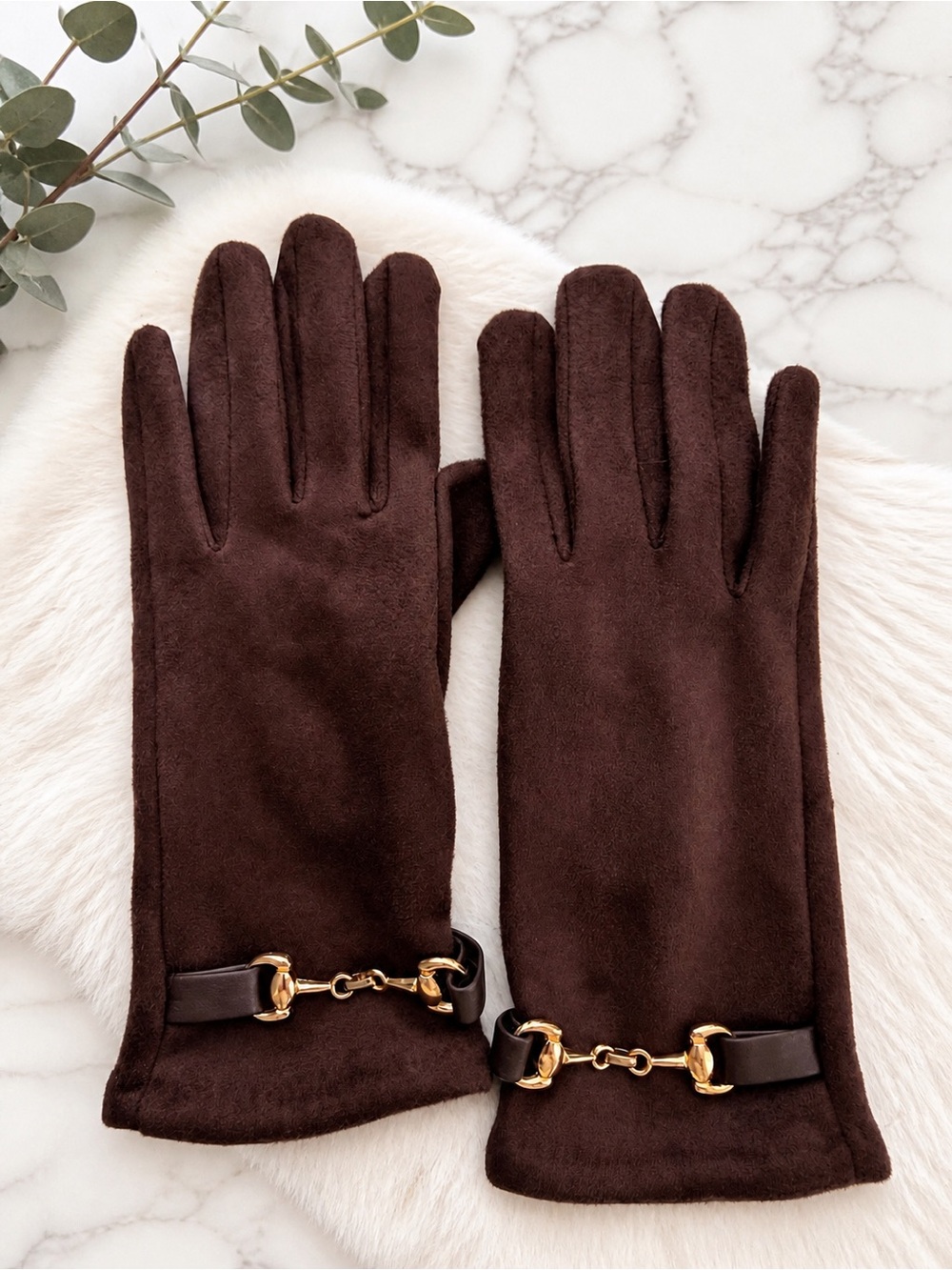 Classic Brown Suede Gloves with Gold Horsebit Detail
